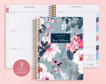 2025 Planner - 12 Month Calendar Planner - Weekly Planner - Personalized Planner - 2025 Agenda - Daytimer - Blue Pink Elegant Floral