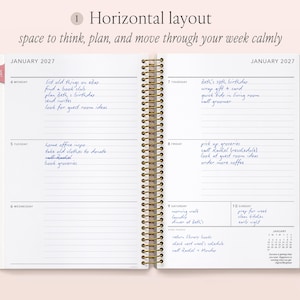 The image is a spiral-bound notebook with a horizontal layout, featuring a calendar for January 2021 and a daily planner for January 2022. The notebook has a white background and is open, displaying the days of the week and various tasks and events scheduled for each day.