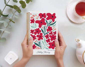 WELLNESS JOURNAL, Personalized Gratitude Journal, Daily Mindfulness Planner, Mental Health Journal, 6x9 Artful Flowers Red, No Tariffs