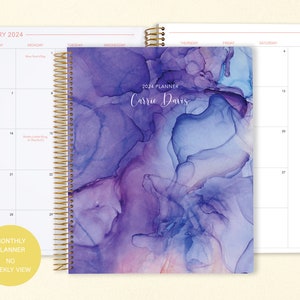 8.5x11 MONTHLY PLANNER notebook 2024 2025 no weekly view choose your start month 12 month calendar purple blue flowing ink image 1