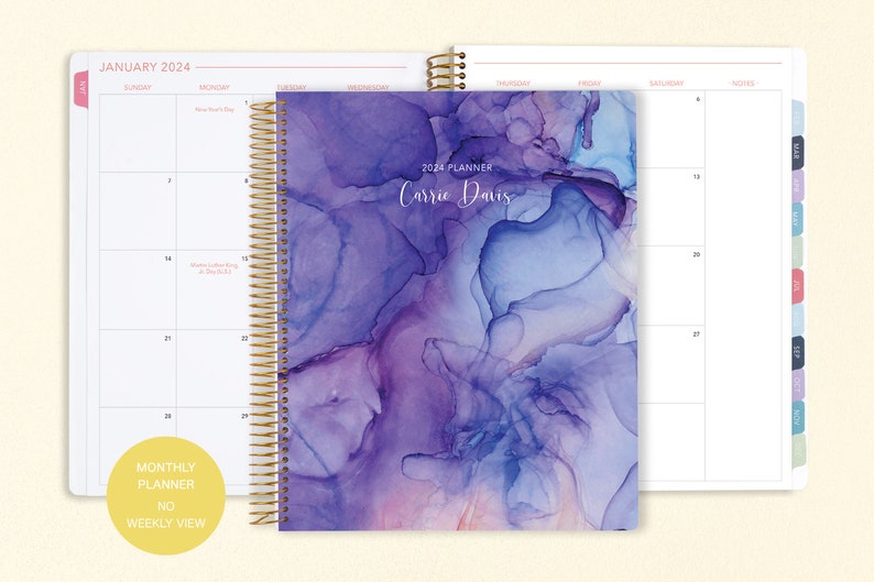 8.5x11 MONTHLY PLANNER notebook 2024 2025 no weekly view choose your start month 12 month calendar purple blue flowing ink image 1