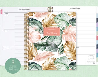 8.5x11 weekly planner  2024 2025 | choose your start month | 12 month calendar | LARGE WEEKLY PLANNER | blush gold tropical