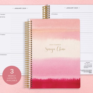 Personalized Planner 2024 - 12 Month Calendar - Weekly Planner 2024-2025 - Custom Agenda - Gifts for Mom - Pink Watercolor Gradient