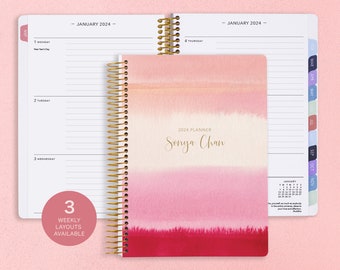 Personalized Planner 2024 - 12 Month Calendar - Weekly Planner 2024-2025 - Custom Agenda - Gifts for Mom - Pink Watercolor Gradient