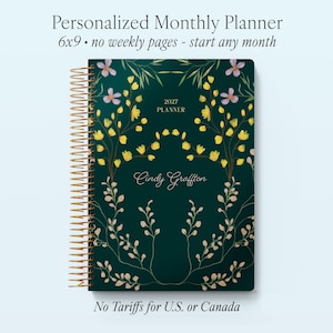 2027 MONTHLY PLANNER 6x9 - 2026 2027 No Weekly View - Choose Your Start Month - 12 Month Calendar - Flower Frame Green