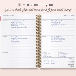 The image is a spiral-bound notebook with a horizontal layout, featuring a calendar for January 2021 and a daily planner for January 2022. The notebook has a white background and is open, displaying the days of the week and various tasks and events scheduled for each day.