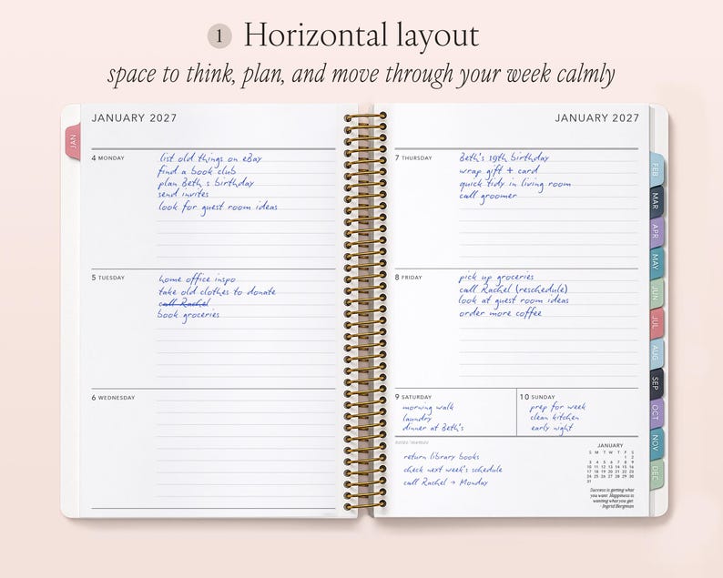 The image is a spiral-bound notebook with a horizontal layout, featuring a calendar for January 2021 and a daily planner for January 2022. The notebook has a white background and is open, displaying the days of the week and various tasks and events scheduled for each day.
