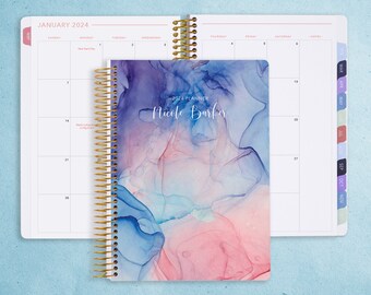MONTHLY PLANNER | 2024 2025 no weekly view | choose your start month | 12 month calendar monthly tabs | blue pink flowing ink