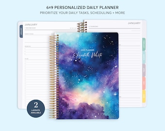 DAILY PLANNER - Personalized Productivity Planner - 2025 2026 - 6x9 Hourly Planner - Space Galaxy Blue Purple