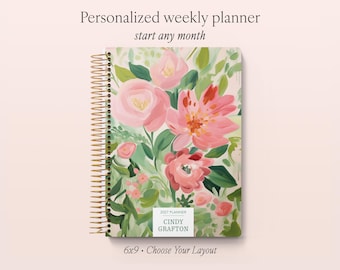 Personalized Planner 2027 - 12 Month Calendar - 6x9 Weekly Planner 2026-2027 - Stocking Stuffer - Blossom Dreams Pink Green