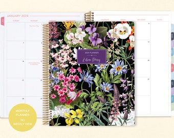 8.5x11 MONTHLY PLANNER notebook | 2024 2025 no weekly view | choose your start month | 12 month calendar | colorful florals black