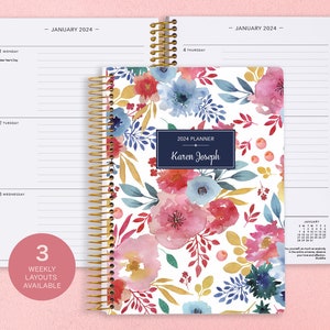 Weekly Planner 2024 2025 6x9 Custom Planner 12 Month Planner 2024 Diary 2025 Agenda Daytimer Pink Blue White Watercolor Floral image 1