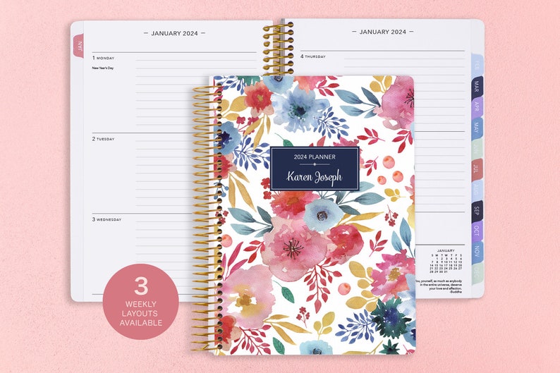 Weekly Planner 2024 2025 6x9 Custom Planner 12 Month Planner 2024 Diary 2025 Agenda Daytimer Pink Blue White Watercolor Floral image 1