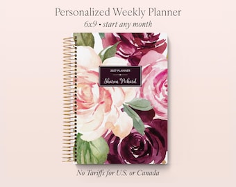 Agenda 2026-2027 - Personalized Planner - 12 Month Custom Planner - Personalized Gifts - Plum Blush Roses - NO TARIFFS