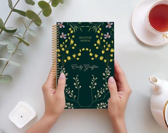 GRATITUDE JOURNAL, Manifestation Journal, Daily Mindfulness Planner, Personalized Wellness Journal, Flower Frame Green | No Tariffs