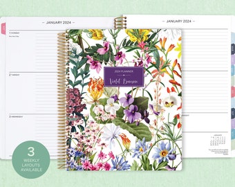 8.5x11 weekly planner  2024 2025 | choose your start month | 12 month calendar | LARGE WEEKLY PLANNER | colorful florals white