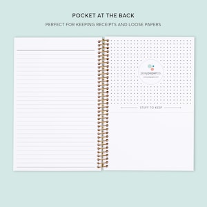 May include: A white notebook with a gold spiral binding. The back cover has a dotted pattern and a small sticker with the text "posypaperco." and the text "STUFF TO KEEP" is printed below the sticker.