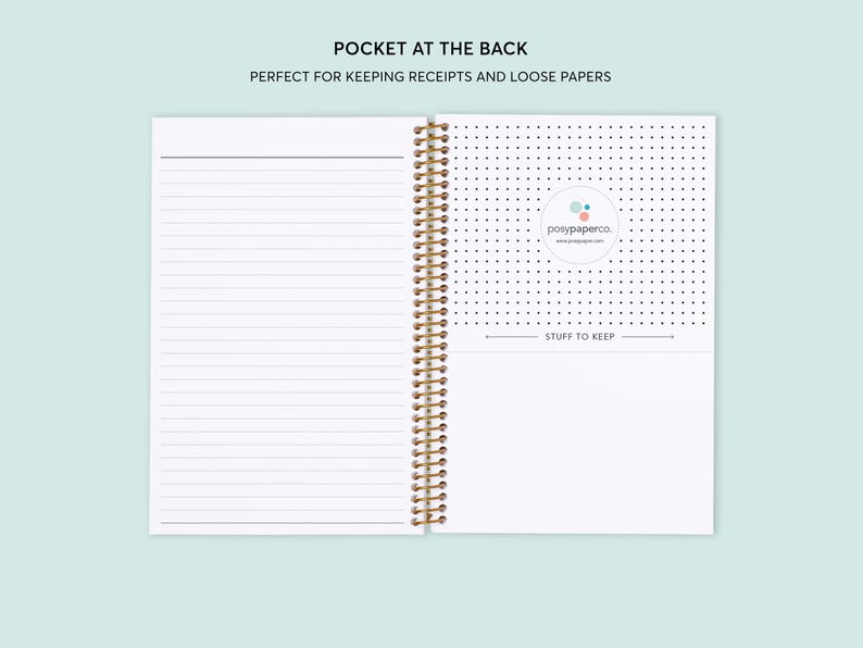 May include: A white notebook with a gold spiral binding. The back cover has a dotted pattern and a small sticker with the text "posypaperco." and the text "STUFF TO KEEP" is printed below the sticker.