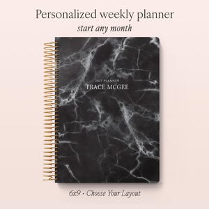 May include: A personalised weekly planner with a black and white marble pattern cover, gold spiral binding, and the text 2027 PLANNER TRACE MCGEE printed in white. The planner measures 6x9 inches and features the text Personalized weekly planner start any month.