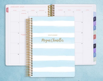 MONTHLY PLANNER | 2024 2025 no weekly view | choose your start month | 12 month calendar monthly tabs personalized | blue watercolor stripes