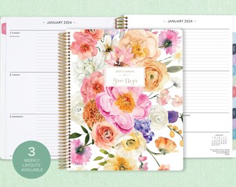 8.5x11 weekly planner  2024 2025 | choose your start month | 12 month calendar | LARGE WEEKLY PLANNER | flirty florals colorful