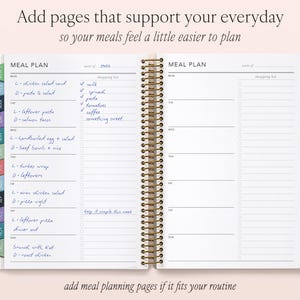 a spiral-bound notebook with a meal planning page, featuring a list of meal ideas and a shopping list. The text encourages adding pages that support everyday meals to make meal planning easier.