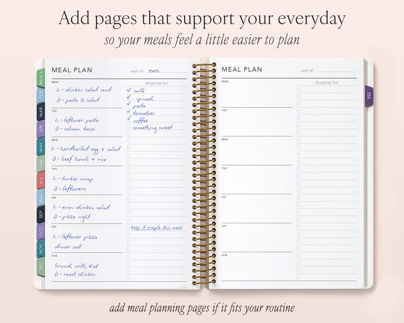a spiral-bound notebook with a meal planning page, featuring a list of meal ideas and a shopping list. The text encourages adding pages that support everyday meals to make meal planning easier.
