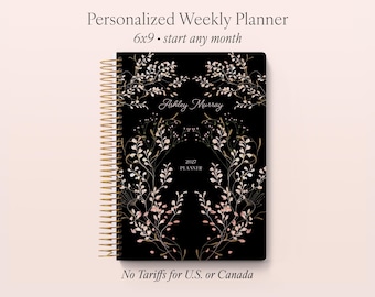 Personalized Planner 2027 - 12 Month Calendar - 6x9 Weekly Planner 2026-2027 - Academic Year Agenda - Flower Frame Black Pink - NO TARIFFS