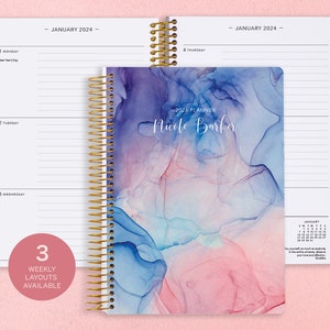 2024 Personalized Planner - Custom Planner - Yearly Planner - Weekly Planner - 2024 Planner - Best Planner - Blue Pink Flowing Ink