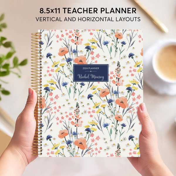 teacher planner 8.5x11 | 2026-2027 lesson plan calendar | weekly personalized teacher planbook | field flowers blue