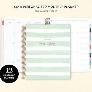 May include: A 8.5x11 inch personalized monthly planner with a green and white striped cover. The cover has a watercolor effect and the text "2024 Planner Susan Williams" is printed in gold. The planner has 12 months of planning and no weekly view.