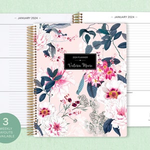 8.5x11 weekly planner  2024 2025 | choose your start month | 12 month calendar | LARGE WEEKLY PLANNER | pink blue elegant floral