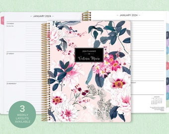 8.5x11 weekly planner  2024 2025 | choose your start month | 12 month calendar | LARGE WEEKLY PLANNER | pink blue elegant floral