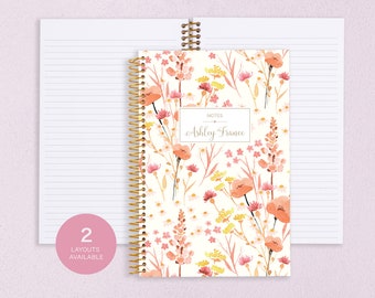 NOTEBOOK personalized journal | dot journal | travel journal | personalized gift | spiral notebook | field flowers pink