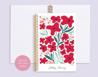 personalized NOTEBOOK | dot journal | travel journal | dot grid notebook | lined | spiral notebook | Artful Flowers Red