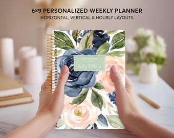 Planners 2026 - Weekly Planner - 2025-2026 Academic Planner - Personalized Agenda Daytimer - Navy Blush Roses