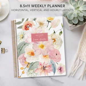 8.5x11 weekly planner  2025 2026 - choose your start month - 12 month calendar - add your name - LARGE WEEKLY PLANNER - flirty florals blush