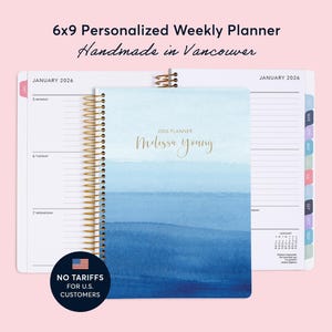 Personalized Planner - 2026 Calendar Planner - Custom 6x9 Weekly Planner - Planner Agenda - Daytimer Blue Watercolor Ombré - NO TARIFFS