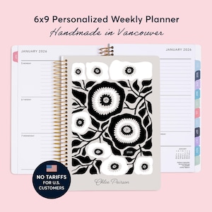 Agenda hebdomadaire personnalisé 2027 - Début du mois personnalisé, fleurs artistiques en noir et blanc (pas de tarifs)