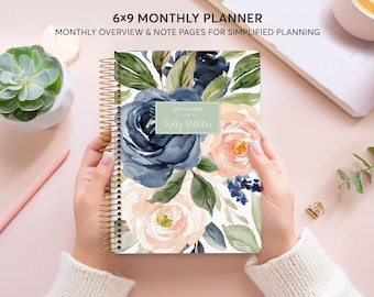MONTHLY PLANNER | 2025 2026 no weekly view | choose your start month | 12 month calendar monthly tabs personalized | navy blush roses