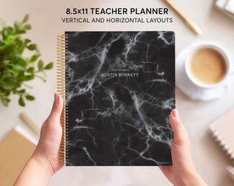 May include: A black and white marble-patterned 8.5x11 inch teacher planner with a gold spiral binding. The planner has the text "2024 Planner" and "Austin Burnett" printed on the front cover.