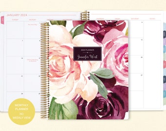 8.5x11 MONTHLY PLANNER notebook | 2024 2025 no weekly view | choose your start month | 12 month calendar | plum blush roses