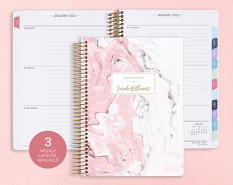 academic planner 2023-2024 calendar | weekly student planner daytimer | add monthly tabs | personalized planner agenda | pink marble
