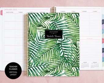 PLANIFICATEUR ENSEIGNANT VERTICAL | planificateur d’enseignant 8.5x11 | Calendrier des plans de cours 2024-2025 | planbook personnalisé pour l’enseignant | palmiers tropicaux verts