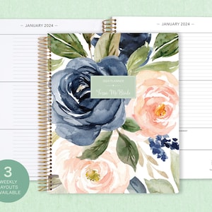 8.5x11 weekly planner  2024 2025 | choose your start month | 12 month calendar | LARGE WEEKLY PLANNER | navy blush roses