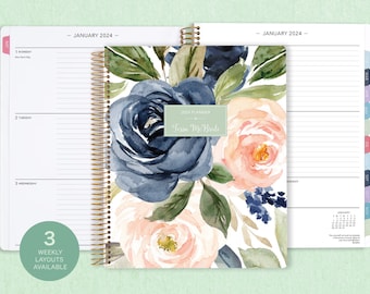 8.5x11 weekly planner  2024 2025 | choose your start month | 12 month calendar | LARGE WEEKLY PLANNER | navy blush roses