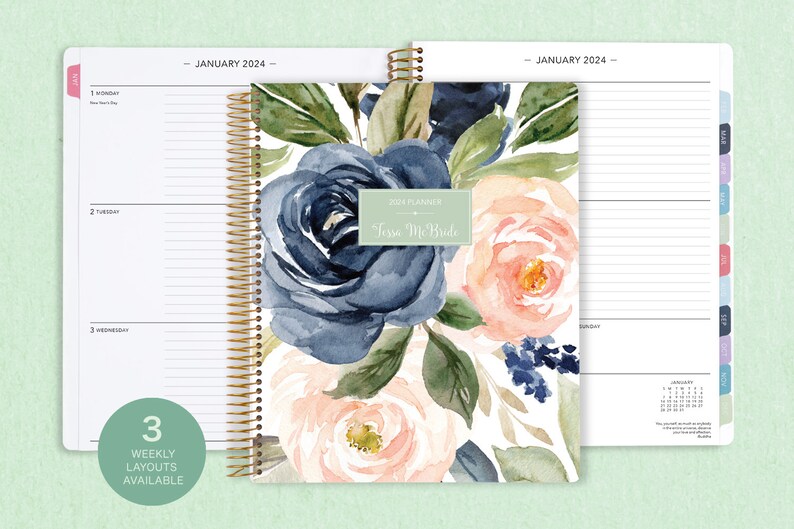 8.5x11 weekly planner 2024 2025 choose your start month 12 month calendar LARGE WEEKLY PLANNER navy blush roses image 1