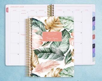 MONTHLY PLANNER | 2024 2025 no weekly view | choose your start month | 12 month calendar personalized | blush gold tropical