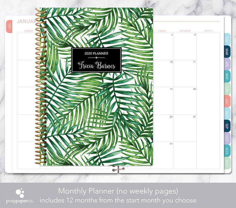 MONTHLY PLANNER | 2020 2021 no weekly view | choose your start month | 12 month calendar monthly tabs | green tropical palms