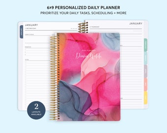 DAILY PLANNER - Personalized Productivity Planner - 2026 - 6x9 Hourly Planner - Bright Pink Gray Flowing Ink